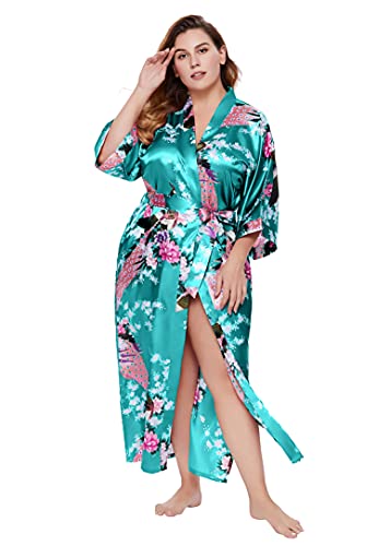 BABEYOND Women's Kimono Robe Long Satin Robes with Peacock and Blossoms Printed Kimono Nightgown - color: Dark Green, size: One Size Plus