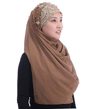 Lina & Lily Premium Chiffon Hijab Head Scarf Wrap with Gold Sequins Glitters Beads for Muslim Women - color: Coffee Brown