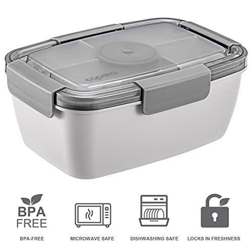 Caperci Large Salad Container for Lunch - Better Adult Bento Lunch Box 68 oz, 5-Compartment Tray, 2pcs 3-oz Sauce Cups, Stackable, BPA-Free (Gray) - color: Gray