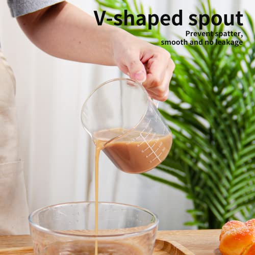 77L Glass Measuring Cup, 300 ML Clear Liquid Measuring Cup with V-Shaped Spout and Three Scales, High Borosilicate Glass Beaker with Handle for Kitchen or Restaurant (0.3 Liter, 1 1/4 Cup)