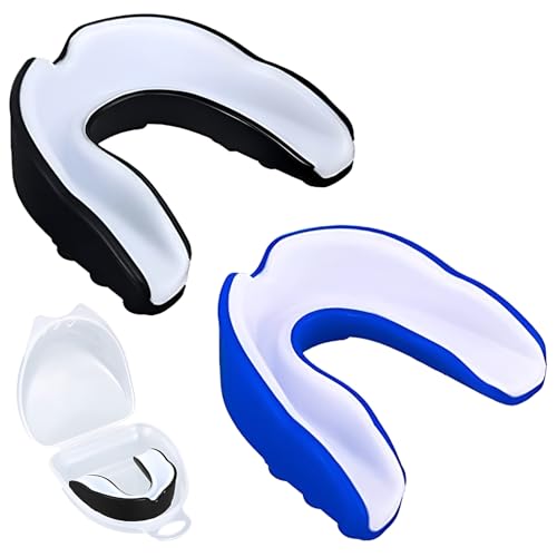 2 Pack Sports Mouth Guard for Kids and Youth - Mouth Protection Athletic Mouthguard with Case (BPA Free) for Boxing Football Hockey Karate Rugby for Boys Girls Sports Supplies (Blue&Black) - color: Blue&black
