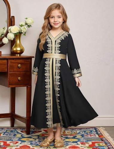 IWEMEK Abaya for Girls Muslim Prayer Dress Kids Islamic Dubai Eid Ramadan Clothes Wedding Saudi Arabic Kaftan Dress with Belt - color: Black+gold, size: 9-10 Years