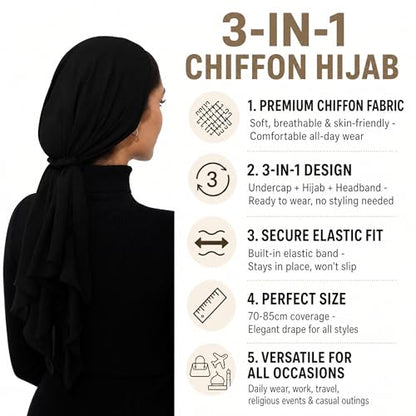 Elastic Band Muslim Headscarf, Chiffon Hijab(70-85cm), Soft Breathable Head Scarf for Daily Wear, Religious Occasions - color: Black