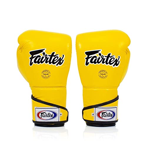 Fairtex BGV6 Angular Boxing Gloves, Locked Thumb Muay Thai MMA Kickboxing | Premium synthetic body with triple-layer foam padding. Joint protection and firm wrist support safeguard hands on heavy bags - color: Yellow, size: 16oz