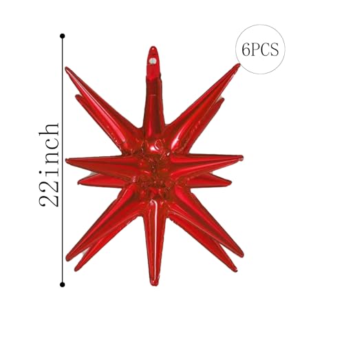 6 Pcs Red Star Foil Balloons One-Piece 14-Pointed Star Balloon 4D Cone Mylar 22inch Christmas Birthday Wedding Fireworks Shape Party Supplies (Red) - color: Red