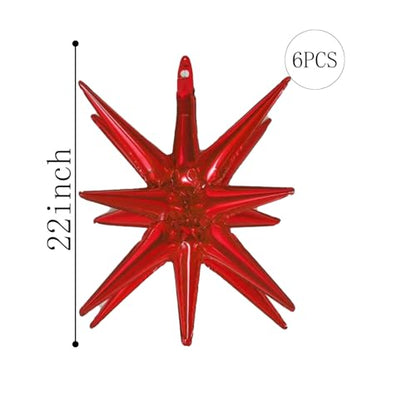 6 Pcs Red Star Foil Balloons One-Piece 14-Pointed Star Balloon 4D Cone Mylar 22inch Christmas Birthday Wedding Fireworks Shape Party Supplies (Red) - color: Red