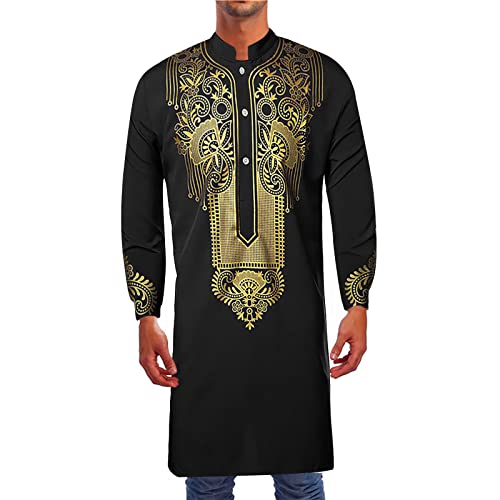 Kurta for Men Muslim Kaftan Button Up Henley Shirts Casual Ethnic Printed Long Sleeve Thobe Caftans Robes - color: Black, size: Small