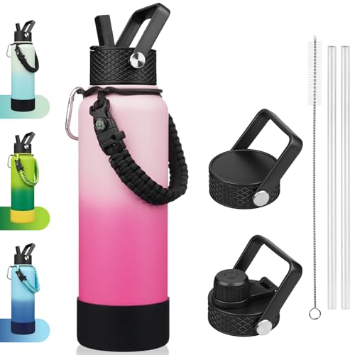 BJPKPK 40oz Insulated Water Bottle with 3 Lids, Straw Lid & Handle - color: Cherry, size: 40 Ounces