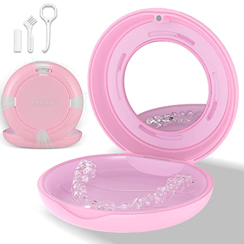Retainer Case, Slim Aligner Case with Adjustable Vent Holes and Mirror, Compatible with Invisalign, Night Guard and Mouth Guard, Premium Retainer Case, With Aligner Remover Tool, Chew & Brush, Pink - color: Round: Pink