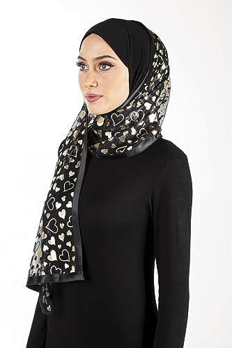 Stylish Mona Hijab Women's Black Kuwaiti with Chiffon Wrap Shawl & Satin Trim - color: Black Double Gold Hearts