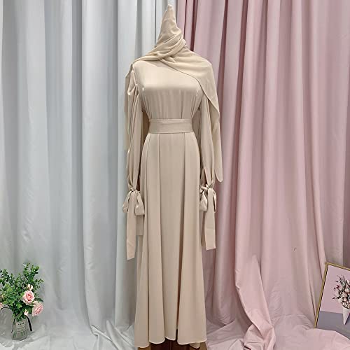 OBEEII Muslim Dress for Women Loose Full Cover Long Abaya Satin Dress Kaftan Abayas Islamic Robe S-XXL - color: Beige+hijab, size: XX-Large