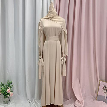 OBEEII Muslim Dress for Women Loose Full Cover Long Abaya Satin Dress Kaftan Abayas Islamic Robe S-XXL - color: Beige, size: XX-Large