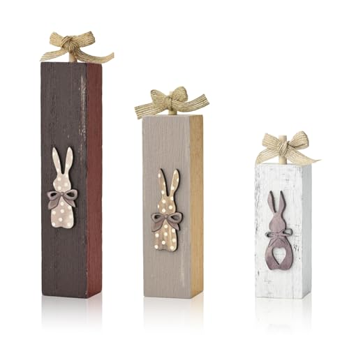 Smile 3-Piece Easter Bunny Wooden Block Set, Rustic Tiered Tray Decor with Burlap Bows for Spring & Easter - style: Brown Bunny