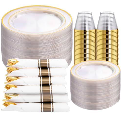 DaYammi 350PCS Clear Gold Plastic Dinnerware Set for 50 Guests - color: A Clear Gold, size: 350PCS（50 Guests)