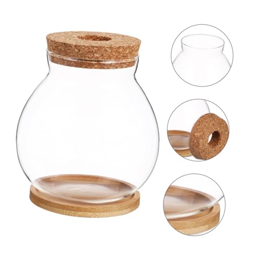 Small Glass Fish Bowl with Wood Lid, Hydroponic Desktop Aquarium Tank 10x11cm with Mat, Mini Planter Fish Tank for Home and Office Decoration