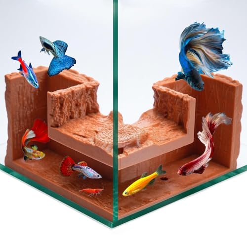 NUPICK Brown Aquarium Cave for Corners, PETG 3D Printed Fish Tank Cave Hideout with Smooth Surface, Natural Wood-Like Aquarium Tunnel, Fish Tank Decor for Bettas, Shrimp, Corys, Loaches, Snails - color: Brown