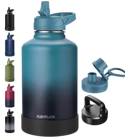 RUBYFLASK 64 oz Insulated Stainless Steel Water Bottle with Straw | Half Gallon Large Vacuum Metal Water Jug with 3 Lids, Wide Mouth Thermal Flask With Handle and Silicone Boot, Indigoblack - color: Indigo Black, size: 64 Ounces