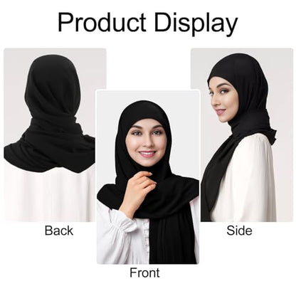 XEPST Instant Hijab for Women, Islamic Muslim Chiffon Hijab with Matching Tie Back Hijab Undercap Soft Instant Hijab Ready to Wear Solid Color Headscarf Turban Wrap Hijab Scarf for Women, Black