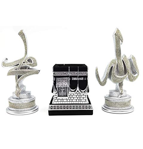 Modefa Turkish Islamic Home Table Decor 3 Piece Sculpture Gift Set Arabic Allah Muhammad Kaba Tawhid Tulip (Silver - Allah/Muhammad/Kaba) - color: Silver - Allah/Muhammad/Kaba