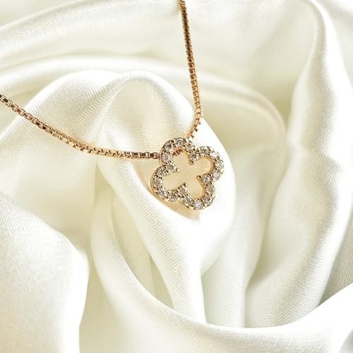 Gold Clover Necklace for Women, Four Leaf Clover Pendant with Crystal Rhinestones, Box Chain Necklace
