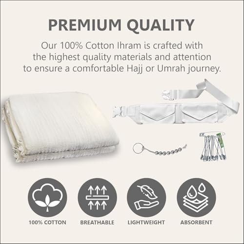 Ihram 세트 Umrah Hajj 남성용 남아용 2피스 타월 세트 면 경량 통기성 Umrah 허리 벨트 타와프 비즈 핀