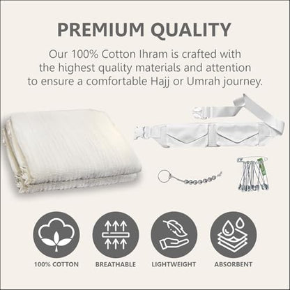 Ihram 세트 Umrah Hajj 남성용 남아용 2피스 타월 세트 면 경량 통기성 Umrah 허리 벨트 타와프 비즈 핀