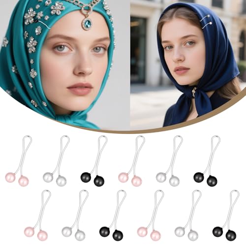 12 PCS Pearl Hijab Clips, Multicolor Hijab Pins for Scarf | Pearl U Hijab Fasteners and Scarf Pin for Women Thin Shawl Scarf Sweater