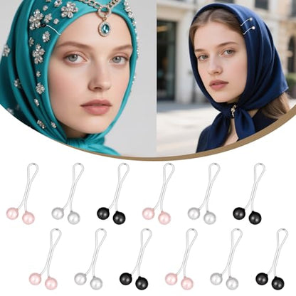 12 PCS Pearl Hijab Clips, Multicolor Hijab Pins for Scarf | Pearl U Hijab Fasteners and Scarf Pin for Women Thin Shawl Scarf Sweater