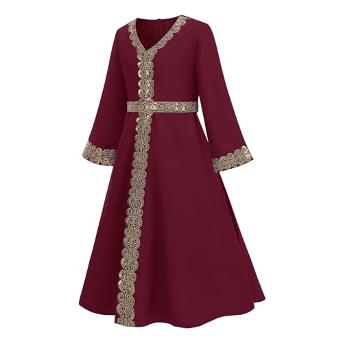 OBEEII Girls Muslim Abaya Ramadan Long Bell Sleeve V Neck Sequins Church Prayer Dress with Belt Islamic Eid Robe Kaftan - color: Wine Red-sequins, size: 10-11 Years