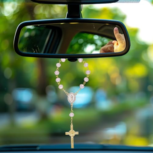 Car Rosary for Rearview Mirror, Pink Car Rosary Small with Cross Pendant Charm Ornament Purple Mini Religious Hanger Gift Catholic Hanging Wedding Women Accessories for Vehicle Rear View Mirror