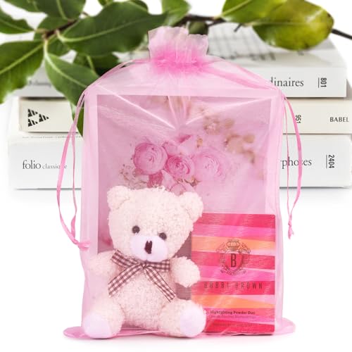 ANZNKU 100Pcs Large Organza Bags 8x12, Pink Small Mesh Gift Bag Drawstring - color: Pink