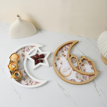 Eid Mubarak Tray, Wooden Star Moon Shaped Ramadan Tray, Decorative Serving Plate for Islamic Celebrations, Ramadan Serving Tray for Party
