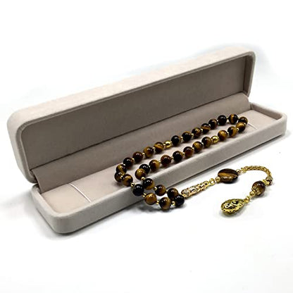Design -Tiger Eye Stone Series Worry Beads - Prayer Beads (8 mm-33 Beads) Tesbih-Tasbih-Tasbeeh-Misbaha-Masbaha-Subha-Sebha-Sibha-Rosary (Tiger Eye Stone-Gold Tassel) - color: Tiger Eye Stone-Gold Tassel