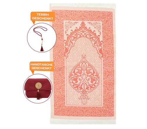 Prien Muslim Prayer Rug with Tasbih and Portable Bag, Muslim Gift for Women Men, Mubarak Islamic Box, Soft Mat Islam Gifts Set, Turkish Sajadah for Ramadan, Eid, Hajj, Travel, Pray (Red) - color: Red