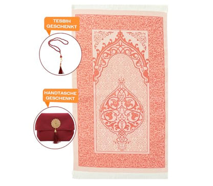 Prien Muslim Prayer Rug with Tasbih and Portable Bag, Muslim Gift for Women Men, Mubarak Islamic Box, Soft Mat Islam Gifts Set, Turkish Sajadah for Ramadan, Eid, Hajj, Travel, Pray (Red) - color: Red