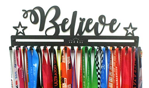 Metal Wall Mount Motivational Medal Hanger Display and Lanyard Ribbon Holder - Ribbon Display Rack with Easy Hanging Hooks & Simple Install, Gifts for Kids & Adults - style: Believe
