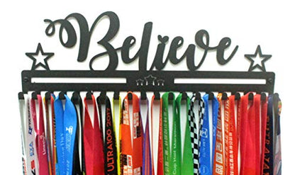Metal Wall Mount Motivational Medal Hanger Display and Lanyard Ribbon Holder - Ribbon Display Rack with Easy Hanging Hooks & Simple Install, Gifts for Kids & Adults - style: Believe