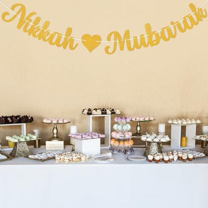 Nikkah Mubarak Banner - Eid Mubarak Decorations, Urdu Nikkah Decor, Glittery Desi Wedding/Engagement/Dulhan/Shaadi Party Decorations Gold Glitter