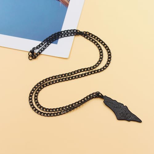 Uloveido Palestine Map Necklace – Arabic Engraved Stainless Steel Pendant, Islamic Middle Eastern Cultural Jewelry for Men and Women - color: Black