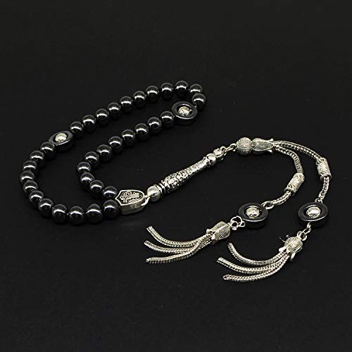 Design - Long & Stylist Tassels Worry Beads - Prayer Beads (8 mm-33 Beads) Tesbih-Tasbih-Tasbeeh-Misbaha-Subha-Sebha-Sibha-Rosary (Black Hematite - Silver Plated) - color: Black Hematite - Silver Plated