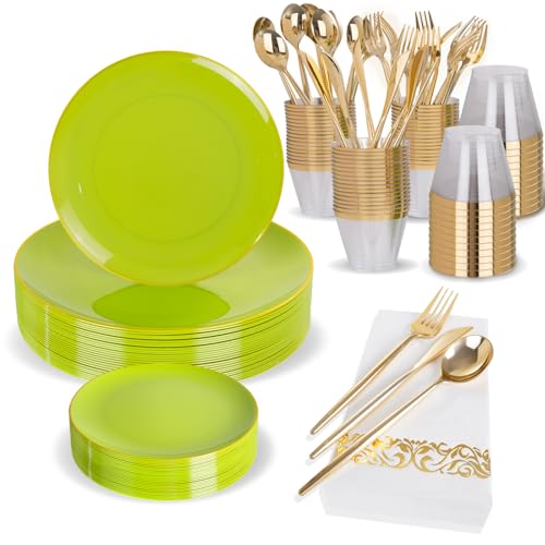 MirthMood 210pcs Green Plastic Plates,Disposable Green Gold Party Plates,Include 30 Dinner,Dessert Plate,30 Cup&30 Napkins, 90 Gold Silverware for St Patrick's Day & Wedding & Birthday（grape green） - color: Grape Green, size: 210