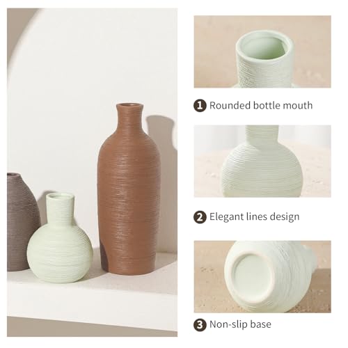 Ceramic Vases Set of 3 Modern Rustic Farmhouse Home Decor | Pottery Decorative Flower Vases for Pampas Grass Dried Fresh Flowers, Living Room, Table Centerpiece, Shelf, Mantel