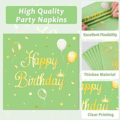 Qyeahkj 100 Pcs Sage Green Birthday Party Supplies Olive Green Gold Paper Plates Napkins Forks Tableware Set Disposable Greenery Happy Birthday Party Decorations for Women Men Girls Favors Serve 25 - style: Sage green birthday
