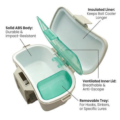 Insulated Fishing Bait Box - Live Bait Cooler for Worms & Nightcrawlers - Waist Mounted Tackle Storage with Adjustable Belt - Portable Bait Bucket for Kayak, Shore & Saltwater Fishing