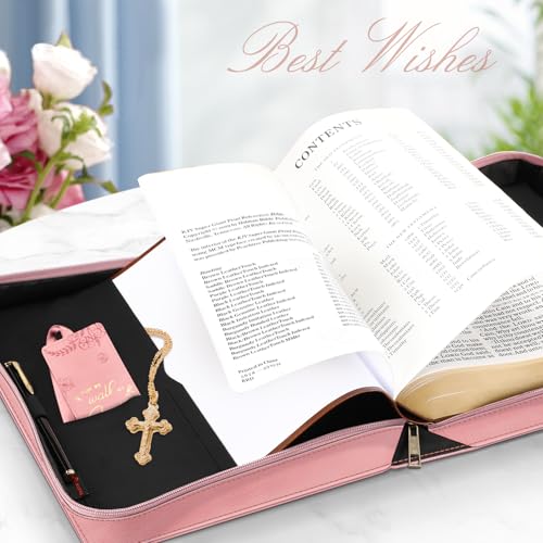 FINPAC Large Classic Bible Cover Vegan Leather Carrying Book Case Church Bag Bible Protective with Handle, Gift for Women, Mother, Friends, Pink - color: Pink