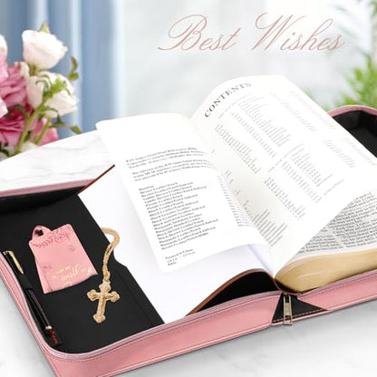 FINPAC Large Classic Bible Cover Vegan Leather Carrying Book Case Church Bag Bible Protective with Handle, Gift for Women, Mother, Friends, Pink - color: Pink