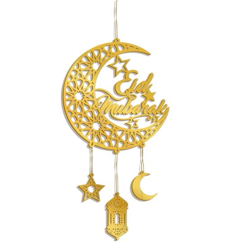 FUNCATCHER Ramadan Decorations for Home - 8.5x8.5 Inch Golden Acrylic Crescent Moon Hanging Ornaments, Islamic Eid Wall Door Decor (1, B)