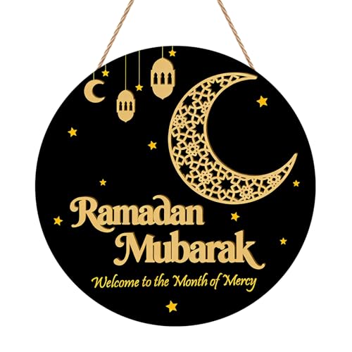 Ramadan Decoration Wooden Ramadan Mubarak Wreath for Front Door Sign Eid Mubarak Wreath Hanging for Islamic Home Wall Decor Eid Decorations