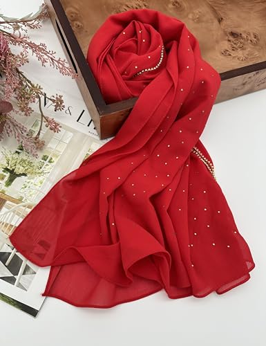 Hijab for Women Premium Chiffon Hijab Rhinestone Hijab Scraf for Women Muslim - color: Red