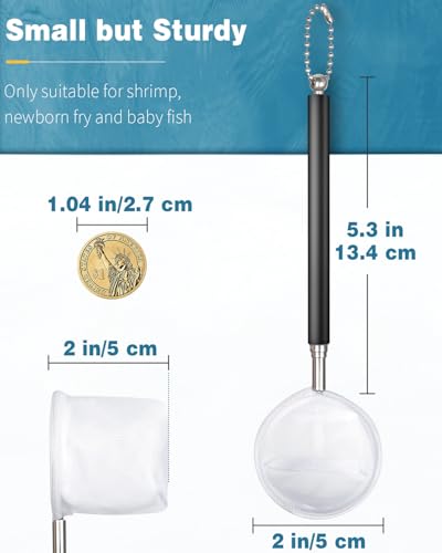 Pawfly Aquarium Shrimp Net, 2 Inch Tiny Fish Tank Net with Extendable Stainless Steel Handle, Soft Round Fine Mesh for Shrimp Baby Fish Food Residue Debris Skimming - color: Black Round, size: 2 Inch